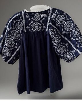 crown & ivy Navy Top with White Floral Embroidery